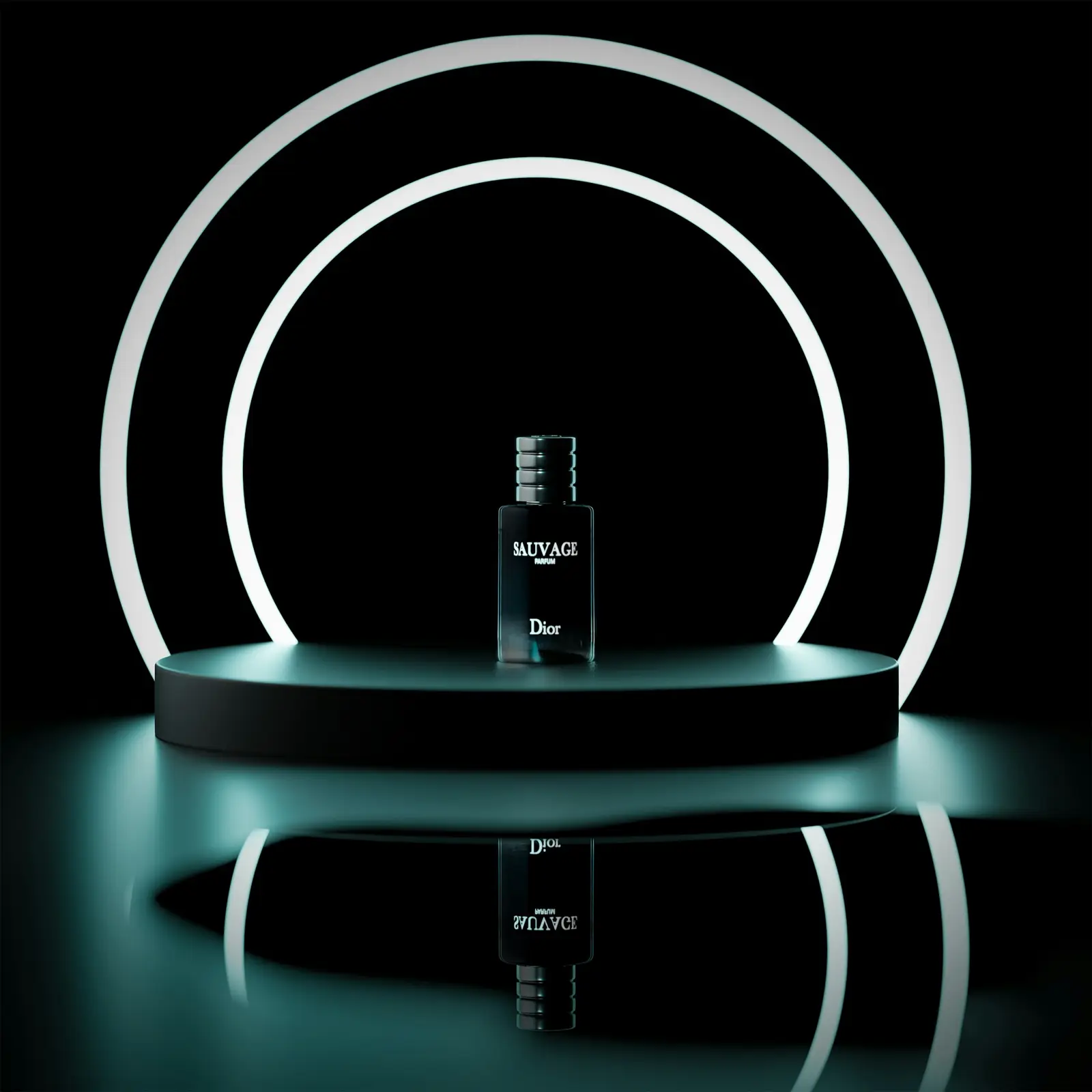 A fragrance bottle on a dark podium lit by concentric white ring lights